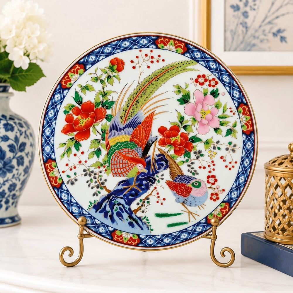 🎎🧧🟦Retro LeGo Glass Japanese Imari Style Plate Pheasant Gold Gilt Decor Plate